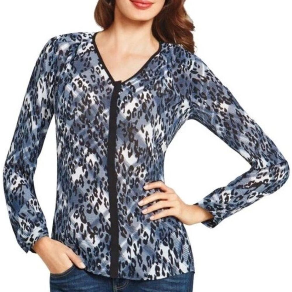 Cabi Animal Print Chiffon Button Front Blouse Sheer Geometric Blue M Office Chic